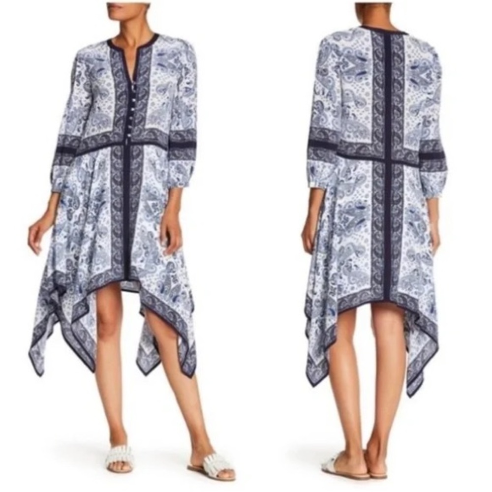 Joie Cynthia Silk Navy Blue Floral Pockets Porcelain Handkerchief Dress NWT M